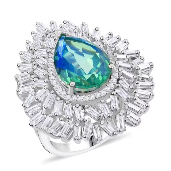 blue and green quartz triplet and moissanite ring in rhodium over sterling silver