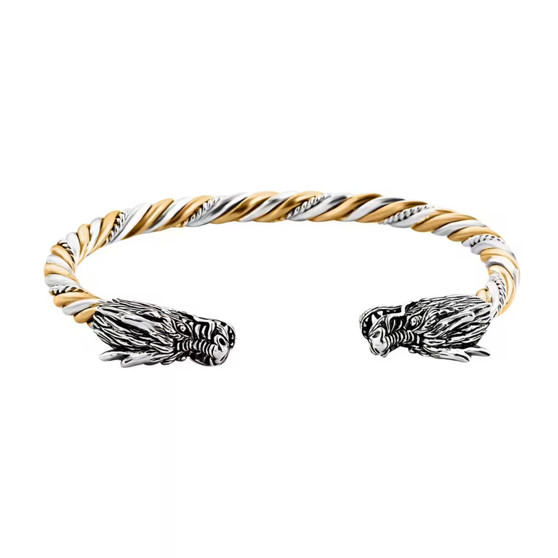 dragon head twisted two-tone cuff bracelet in 18k yellow gold and rhodium over sterling silver