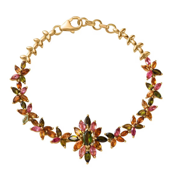 multi color tourmaline statement adjustable bracelet in 18k yellow gold over sterling silver