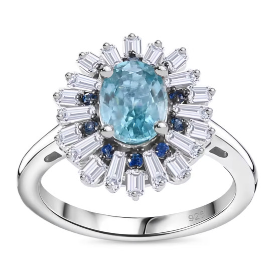 blue zircon blue sapphire and moissanite ring in rhodium over sterling silver