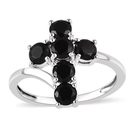 black spinel cross ring in rhodium over sterling silver