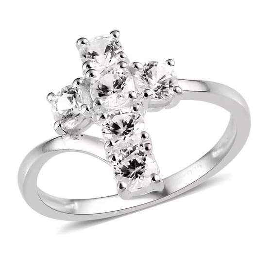 white zircon cross ring in rhodium over sterling silver