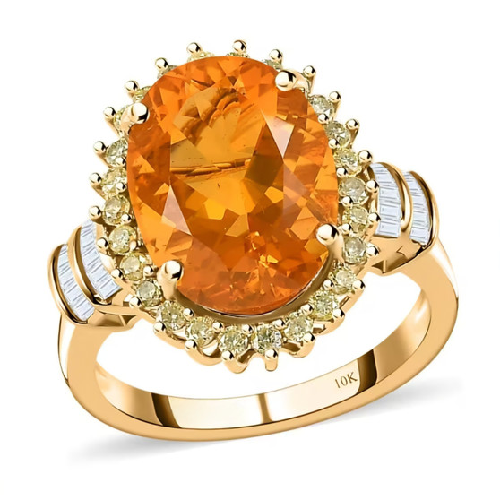 fire opal yellow and white diamond halo ring in solid 10k yellow gold