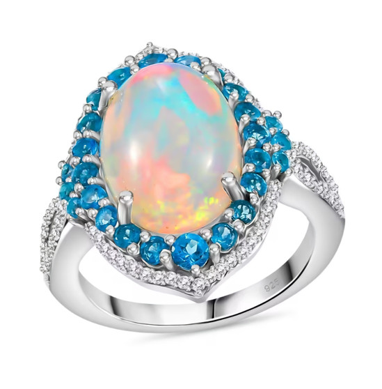 ethiopian opal neon blue apatite and moissanite halo ring in rhodium over sterling silver