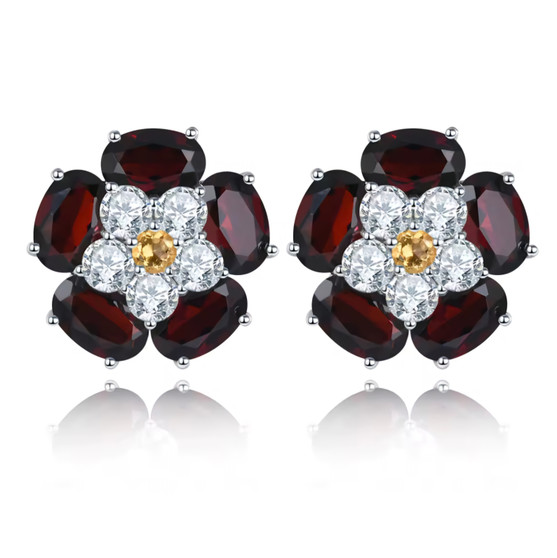 garnet white zircon and citrine flower stud earrings in rhodium over sterling silver
