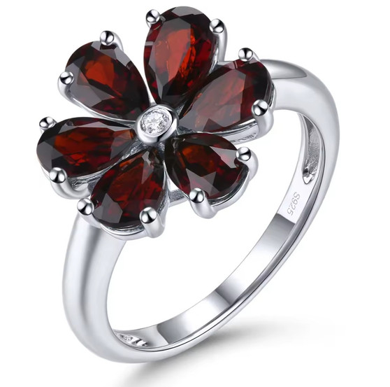 garnet and white zircon flower cluster ring in rhodium over sterling silver