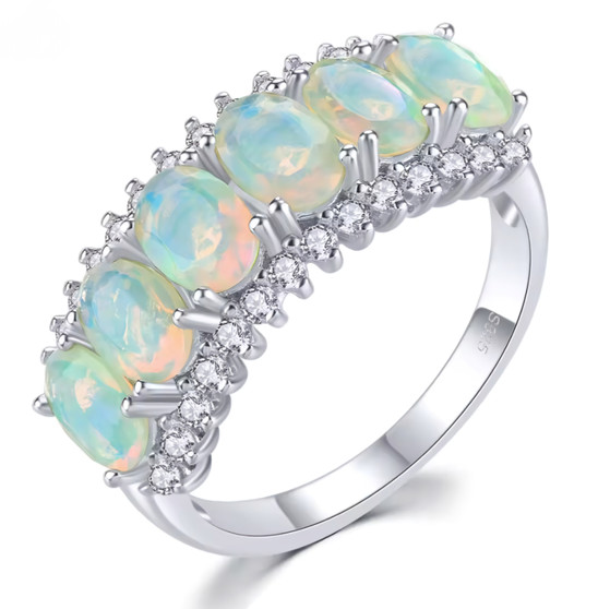 ethiopian opal six stone band ring with white zircon accents in rhodium over sterling silver