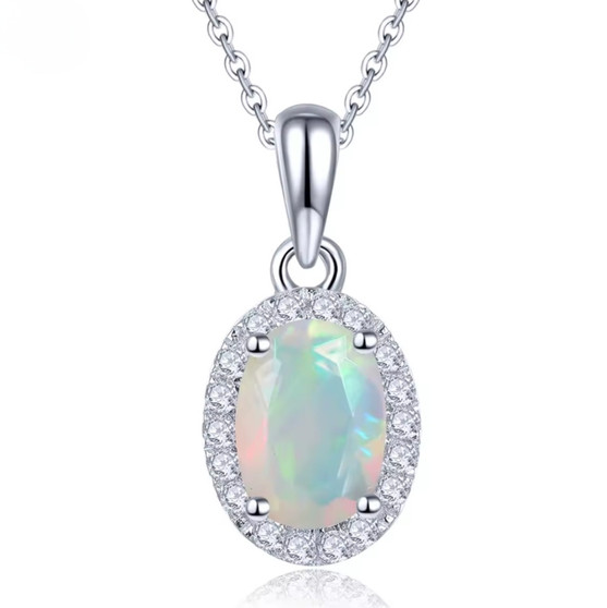 oval ethiopian opal and white zircon halo pendant necklace in rhodium over sterling silver