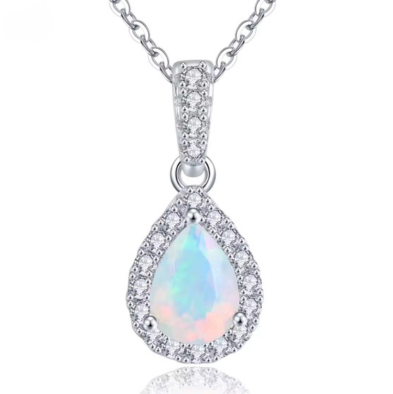 pear ethiopian opal and white zircon halo pendant necklace in rhodium over sterling silver