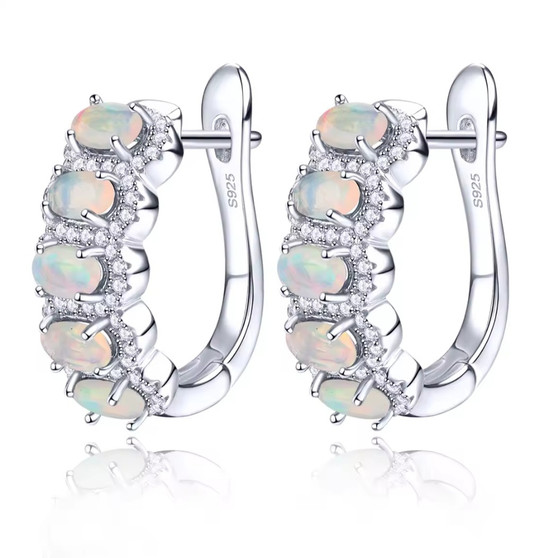 ethiopian opal and white zircon hoop earrings in rhodium over sterling silver