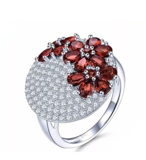 garnet and white zircon ring in rhodium over sterling silver