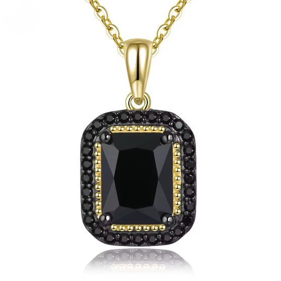 emerald cut black spinel halo pendant necklace in 18k yellow gold and black rhodium over sterling silver