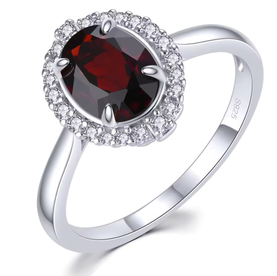 garnet and white zircon halo ring in rhodium over sterling silver