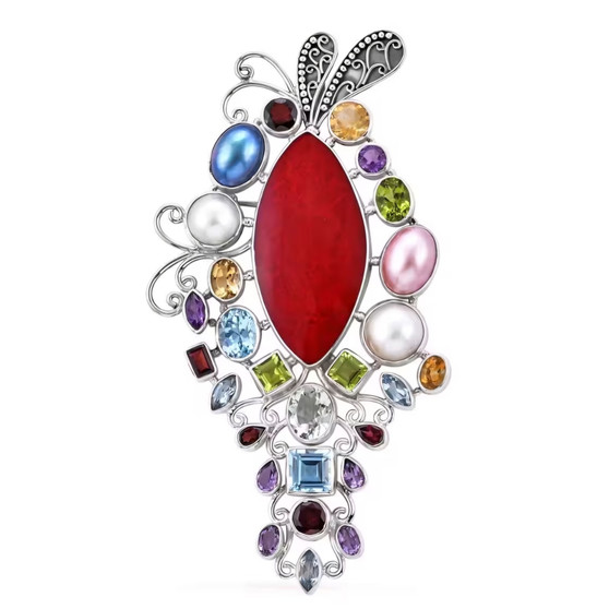artisan crafted red coral and multi gemstone pendant brooch in rhodium over sterling silver