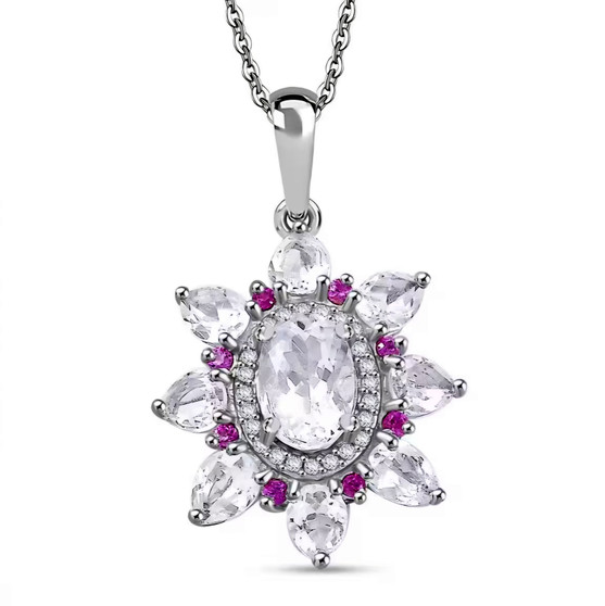 rainbow moonstone moissanite and pink sapphire pendant necklace in rhodium over sterling silver