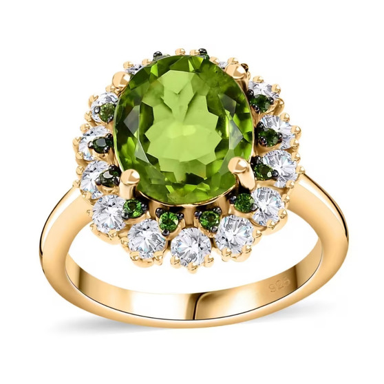 peridot chrome diopside and white zircon halo ring in 18k yellow gold over sterling silver