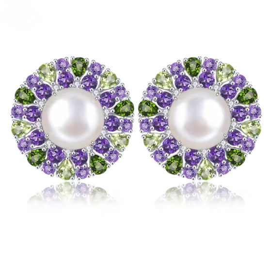 freshwater pearl and multi gemstone post and omega back earrings in rhodium over sterling silver