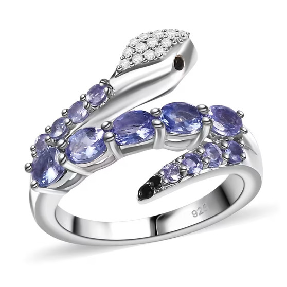 tanzanite white zircon and black spinel snake ring in rhodium over sterling silver