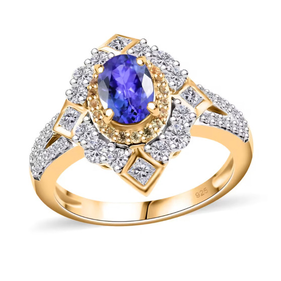 tanzanite yellow sapphire and moissanite halo ring in 18k yellow gold over sterling silver