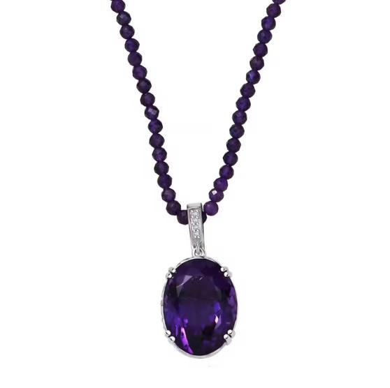 front view of african amethyst and zircon pendant necklace on rondelle beaded strand with rhodium over sterling silver clasp