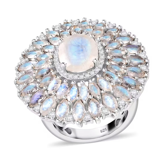 rainbow moonstone and moissanite statement ring in rhodium over sterling silver