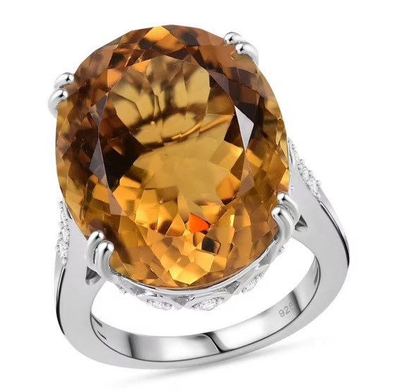 front view of brazilian citrine and white zircon cocktail ring in rhodium over sterling silver