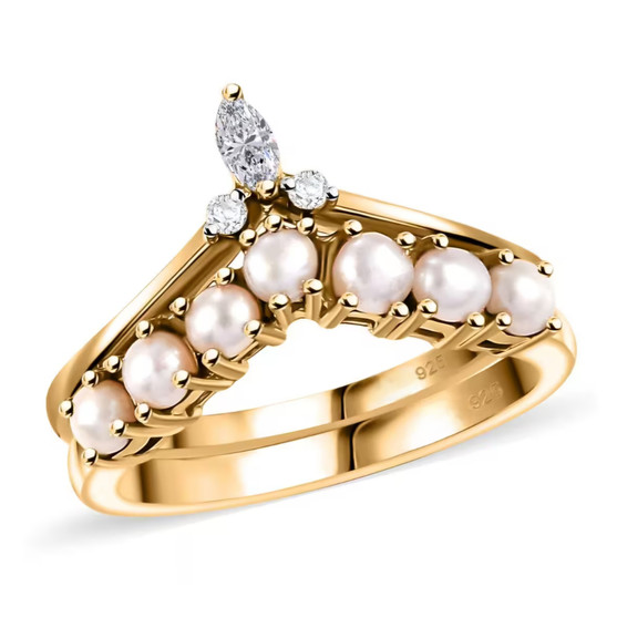 freshwater pearl and moissanite chevron stackable two ring set in 18k yellow gold over sterling silver