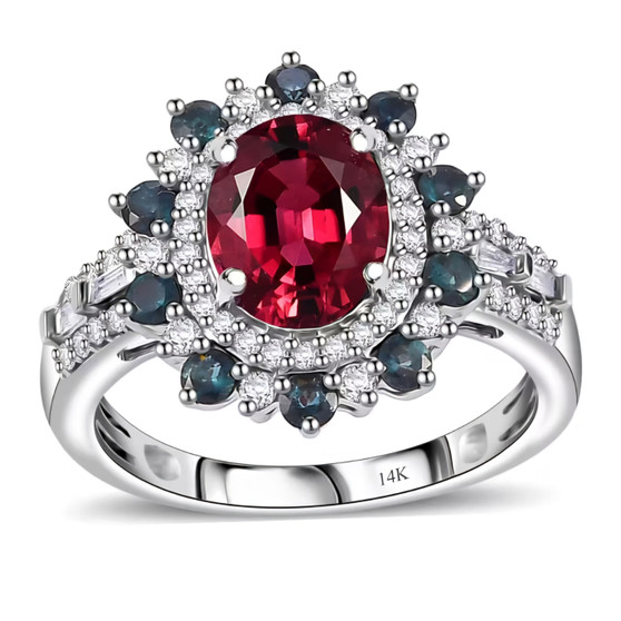 rubellite indicolite tourmaline and diamond halo ring in solid 14k white gold