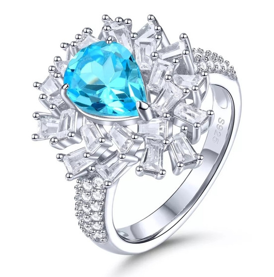 swiss or sky blue topaz and white zircon halo cluster ring in rhodium over sterling silver