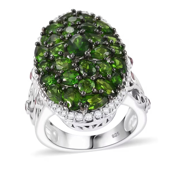 chrome diopside pink tourmaline and white zircon cluster halo ring in rhodium over sterling silver