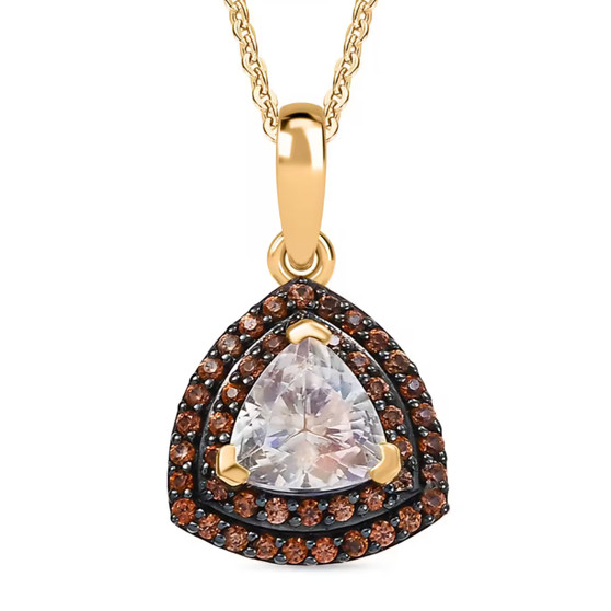 rainbow moonstone and brown zircon double halo pendant necklace in 18k yellow gold over sterling silver