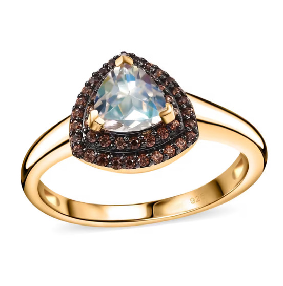 rainbow moonstone and brown zircon double halo ring in 18k yellow gold over sterling silver