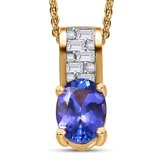 tanzanite and moissanite pendant necklace in 18k yellow gold over sterling silver
