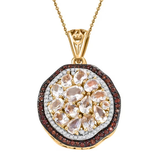 rainbow moonstone brown and white zircon pendant necklace in 18k yellow gold over sterling silver