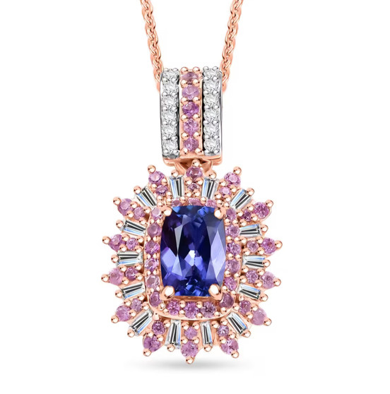 tanzanite pink sapphire and diamond pendant necklace in 18k rose gold over sterling silver