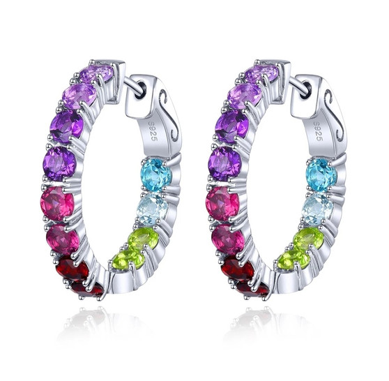 multi gemstone hoop earrings in rhodium over sterling silver