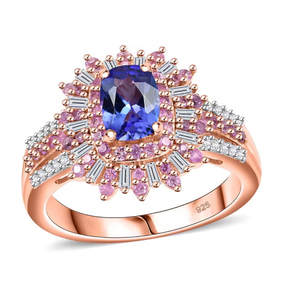 tanzanite pink sapphire and diamond ring in 18k rose gold over sterling silver