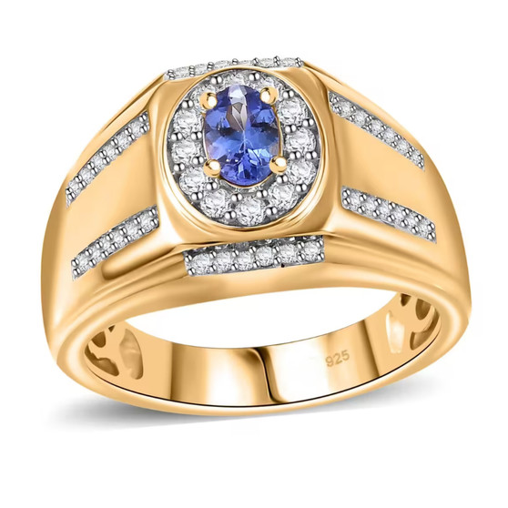 tanzanite and zircon gents ring in 18k yellow gold over sterling silver