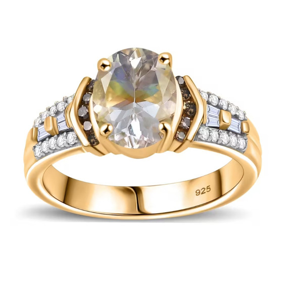 rainbow moonstone champagne and white diamond ring in 18k yellow gold over sterling silver