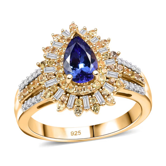 tanzanite yellow sapphire and diamond ring in 18k yellow gold over sterling silver