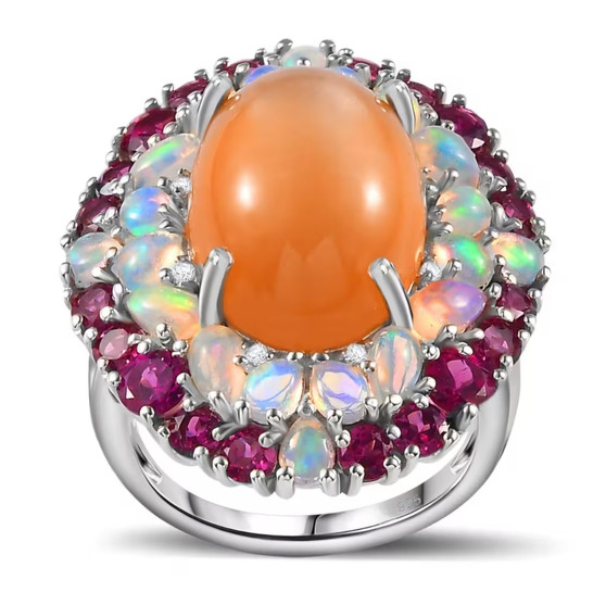 peach moonstone opal rhodolite and zircon double halo ring in rhodium over sterling silver