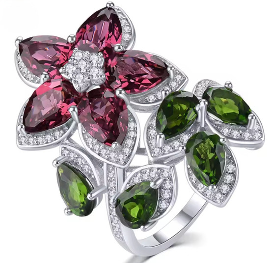rhodolite garnet chrome diopside and zircon ring in rhodium over sterling silver