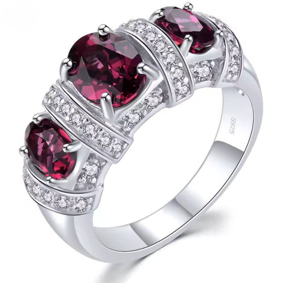 rhodolite garnet and white zircon three stone ring in rhodium over sterling silver