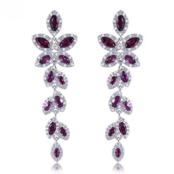 rhodolite garnet and white zircon dangle earrings in rhodium over sterling silver