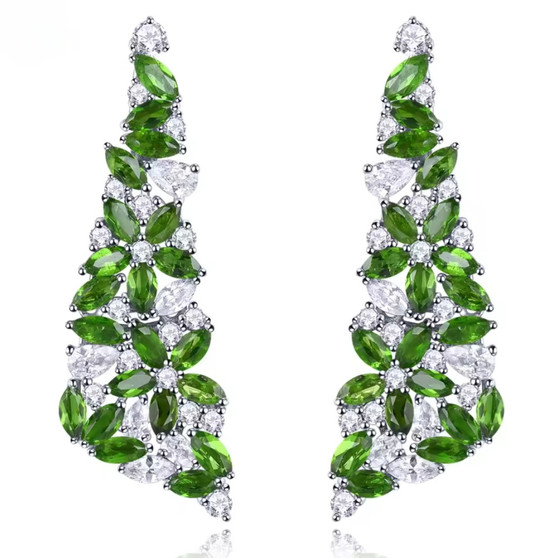 chrome diopside and white zircon dangle earrings in rhodium over sterling silver