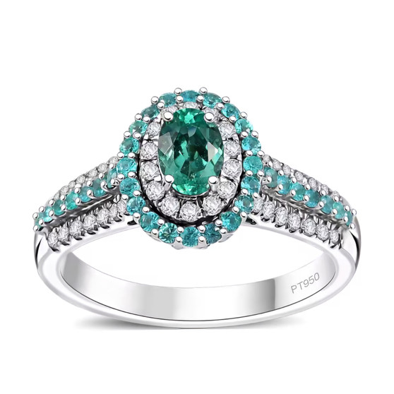 paraiba tourmaline and diamond halo ring in 950 platinum