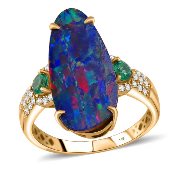 front view of boulder opal triplet colombian emerald and diamond ring in 14k yellow gold