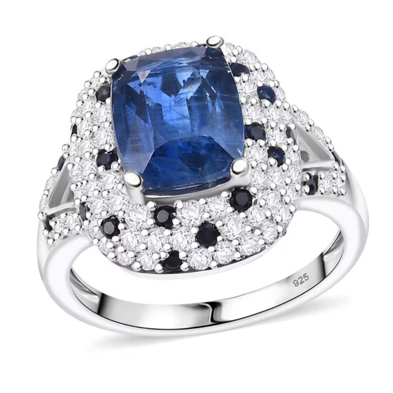 blue kyanite blue sapphire and moissanite ring in rhodium over sterling silver
