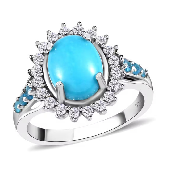turquoise neon apatite and zircon halo ring in rhodium over sterling silver