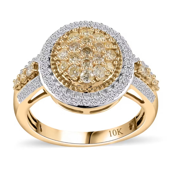 natural yellow and white diamond oval cluster halo ring in solid 10k yellow gold
